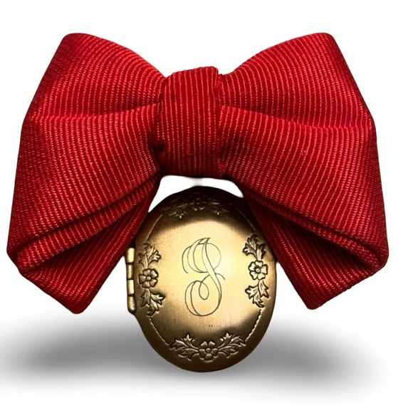 Jewelry - Vintage 80s Red Grosgrain Ribbon Brooch with “J” Engraved Locket